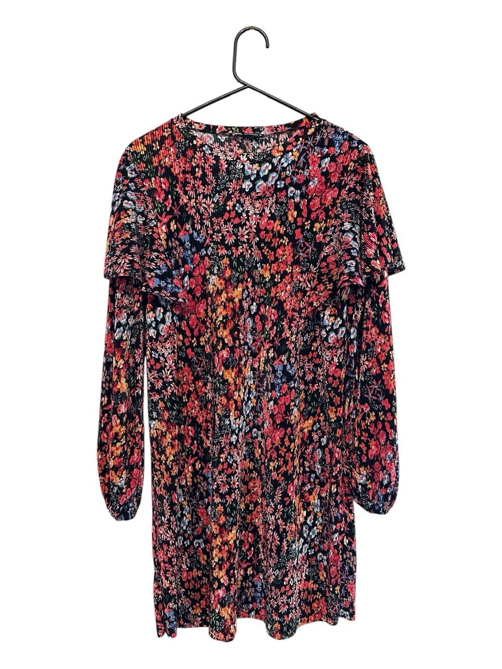 Zara Black Floral Ruffle Sleeve Mini Dress with Red and Blue Accents Small